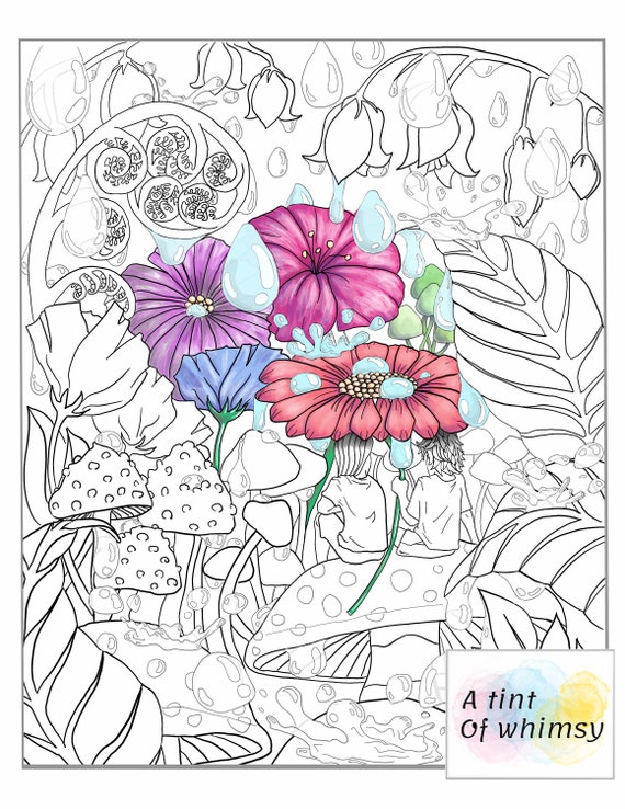 Wildflowers - Adult coloring book page downloadable - Kids coloring page -  Printable coloring page - Flower digital stamp, nature bird cute