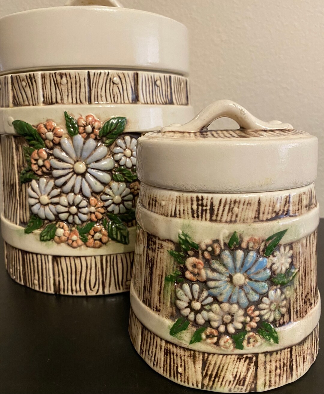 Retro Blue Floral Barrel Canister Set of 2 Etsy