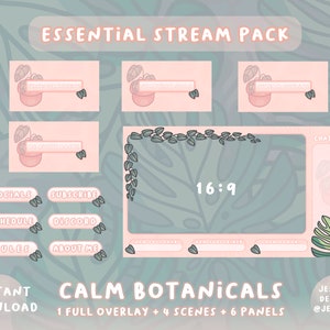 Puede incluir: Un paquete de streaming digital con temática botánica. El diseño incluye una superposición completa, cuatro escenas y seis paneles. La paleta de colores es suave, con tonos rosas y verdes, ilustraciones de plantas y elementos de texto.