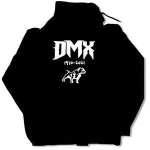 May include: Black hooded sweatshirt with white text that reads "DMX 1970-2021" and a white silhouette of a dog.