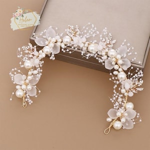 Gold Pearl White Flower Bridal Headband, Wedding Floral Tiaras, Bridal Flower Crown with Pearls, Wedding Bride Hair Jewelry