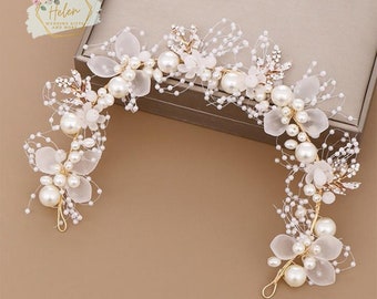 Bandeau de mariée de fleur blanche perle d’or, diadèmes floraux de mariage, couronne de fleurs de mariée avec perles, bijoux de cheveux de mariée de mariage