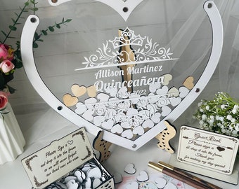 Acrylic Custom Sweet 16 Guest Book , Quinceanera acrylic Heart Guest book Alternative Drop Box, White Heart Shape Drop Box For Mis Quince XV