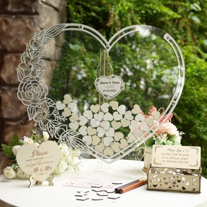 Libro degli ospiti a forma di cuore con cuori, alternativa al libro degli ospiti per matrimonio, cartello personalizzato in acrilico per matrimonio con cuore in legno