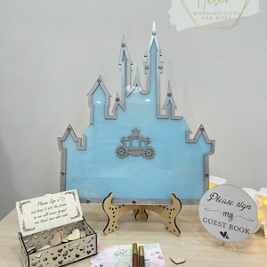 Wonderland Quinceanera Castle Guest Book, Pastel Blue Castle Drop Box Fairytale Wedding Alternative Guest Book, Sliver Castle Guestbook