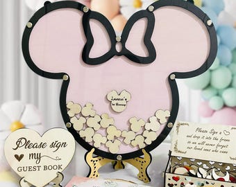 Custom Pink Mouse Baby Shower Guest Book Alternative with Wooden Hearts
