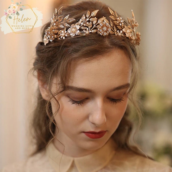 Gold Leaf Tiara Wedding Hair Crown, Bridal Hairband Crown, Gold Leaves Crown, Gold Tiara Wedding, Leaf Tiara, Floral Headpiece Bride To Be