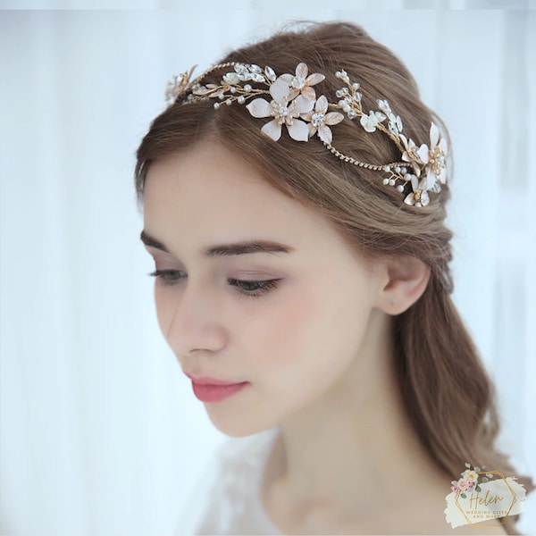 Gold Floral Tiara Wedding Hairpiece, Flower Pearl Bridal Hairband Crown, Gold Tiara Wedding, Rhinestone Floral Headpiece For Bride To Be