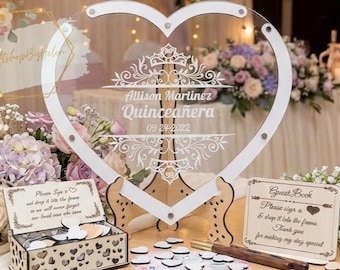 Custom Heart Guest Book Alternative for Quinceañera, Personalized Quince Guestbook Drop Box, Sweet 16 Birthday Party Decor