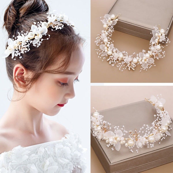 Girl's wreath headband, princess tiara crown decoration bride bridesmaid wedding, Gold Pearl White Flower Headband For Girl