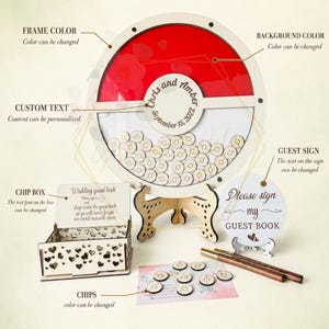 Puede incluir: Un libro de visitas de boda personalizado con un dise&ntilde;o rojo y blanco, con un marco circular y fichas de madera. Incluye una caja de fichas, un letrero de invitados y bol&iacute;grafos. El texto "Chris and Amber, September 15, 2022" es visible.