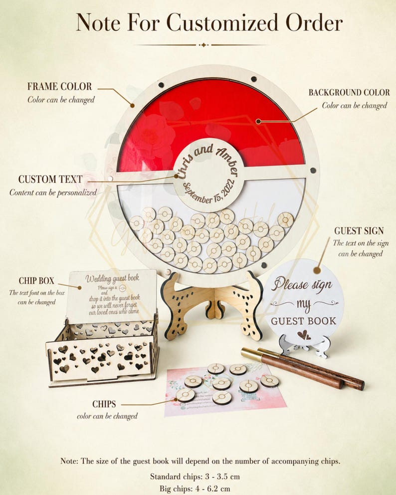 Puede incluir: Un libro de visitas de boda personalizado con un dise&ntilde;o rojo y blanco, con un marco circular y fichas de madera. Incluye una caja de fichas, un letrero de invitados y bol&iacute;grafos. El texto "Chris and Amber, September 15, 2022" es visible.