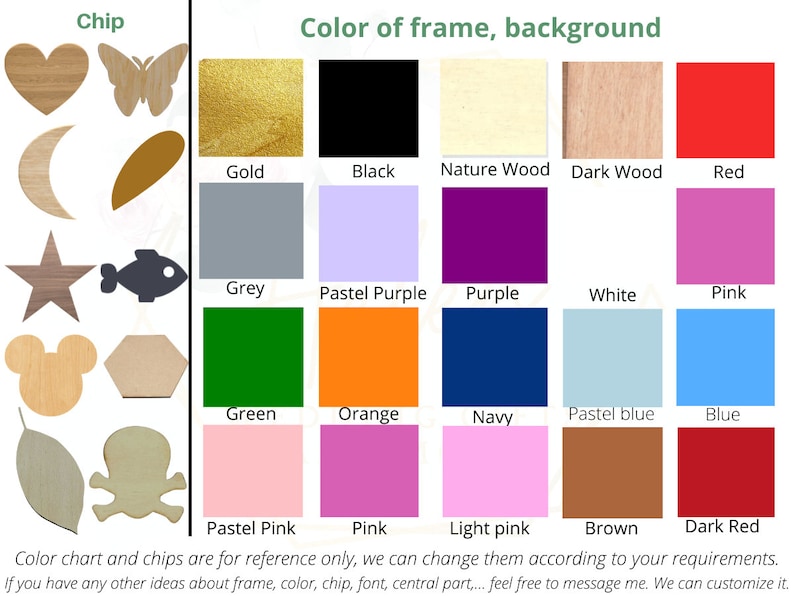 K&ouml;nnte beinhalten: Farbkarte mit verschiedenen Rahmen- und Hintergrundoptionen f&uuml;r ein Holzchip-Kunstdesign. Die Karte enth&auml;lt Farben wie Gold, Schwarz, Grau, Pastellviolett, Violett, Wei&szlig;, Rosa, Gr&uuml;n, Orange, Marineblau, Pastellblau, Blau, Pastellrosa, Hellrosa, Braun und Dunkelrot.