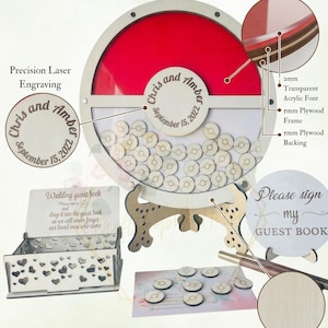 Puede incluir: Un libro de visitas de boda de madera con un dise&ntilde;o circular rojo y blanco. El libro de visitas tiene un soporte e incluye peque&ntilde;as fichas de madera para que los invitados firmen. El texto "Chris and Amber September 15, 2022" est&aacute; grabado en el libro.