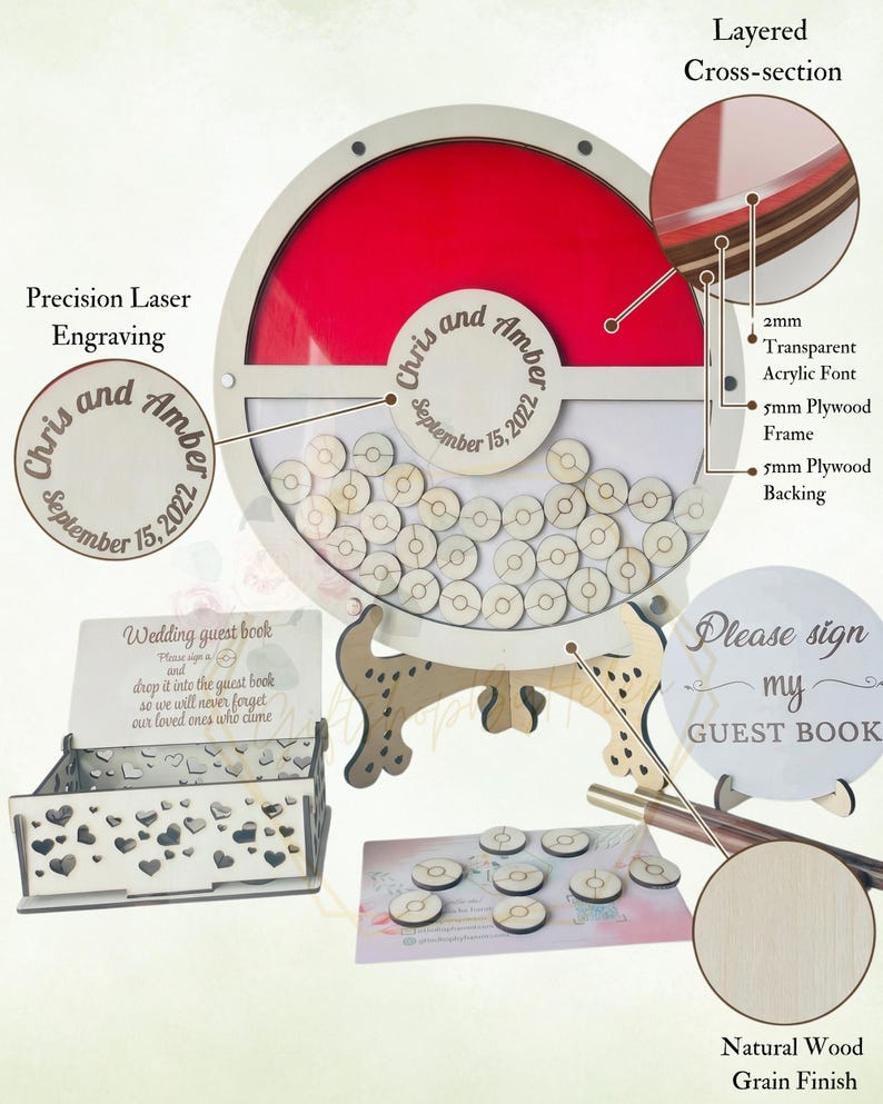 Puede incluir: Un libro de visitas de boda de madera con un dise&ntilde;o circular rojo y blanco. El libro de visitas tiene un soporte e incluye peque&ntilde;as fichas de madera para que los invitados firmen. El texto "Chris and Amber September 15, 2022" est&aacute; grabado en el libro.