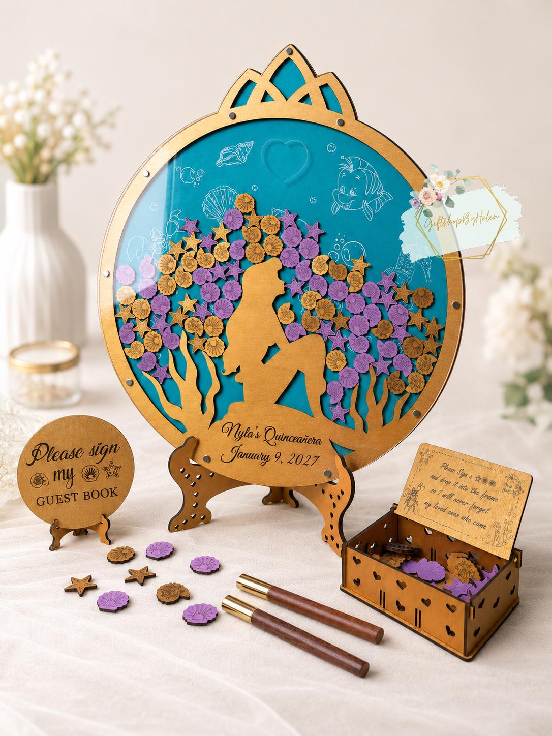 Personalized Mermaid Quinceanera Guest Book Alternative, Under The Sea Sweet 15 Drop Box, Ocean Theme Birthday Sign, Custom Wooden Guestbook