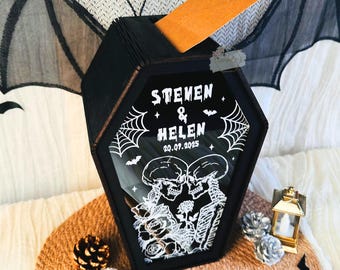 Caja de tarjetas de boda con ataúd gótico personalizado de madera y acrílico, tarjetero de boda de Halloween personalizado, tarjetero de boda de Halloween