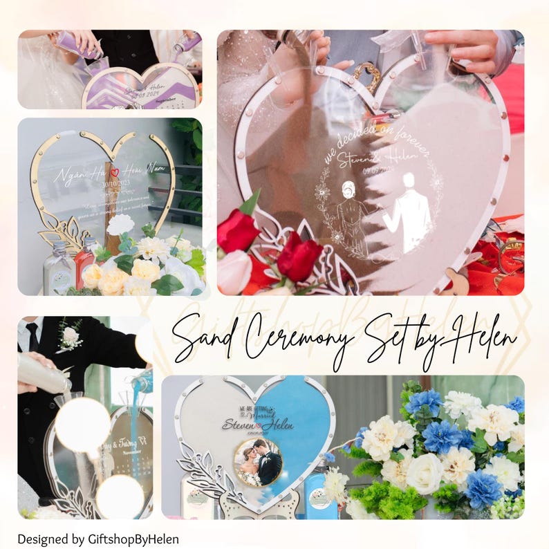 May include: A heart-shaped sand ceremony set with a clear acrylic frame and wooden accents. The set includes a heart-shaped container with the text "we decided on forever" and a photo of a couple. The set is surrounded by flowers.