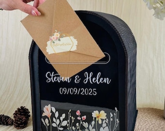 Personalized Wedding Card Box with slot, Acrylic Card Box with Print, Reception Wooden Personalized Money Box for Cards