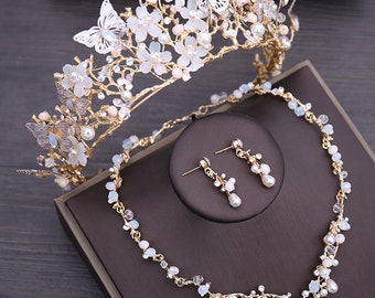 Floral Choker Necklace Earrings Tiara Bridal Set with Butterflies, Luxury Crystal Beads Pearl Butterfly Costume Jewelry Sets