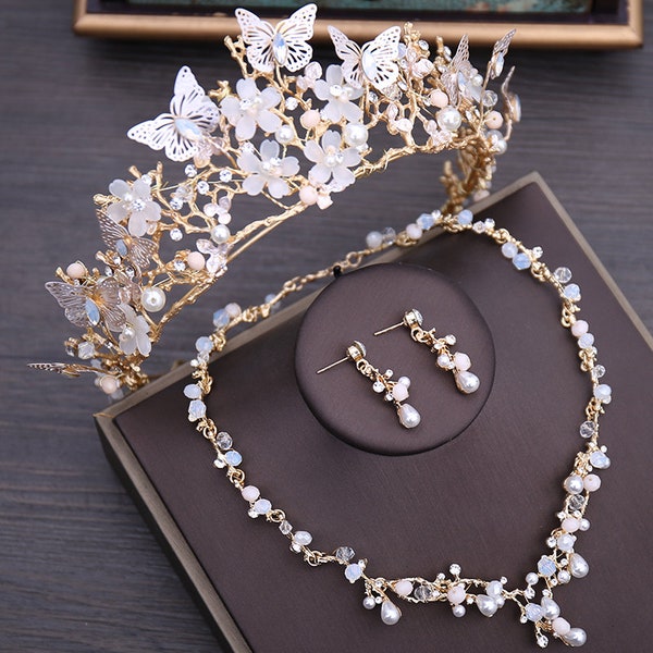 Floral Choker Necklace Earrings Tiara Bridal Set with Butterflies, Luxury Crystal Beads Pearl Butterfly Costume Jewelry Sets