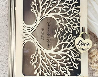 Personalized Hollow Book Box Wooden Keepsake Memory Storage Box Rustic Wedding Anniversary Gift For Couples Engagement Love Story Decor