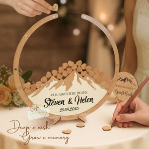Personalized Mountain Guest Book Alternative Wooden Circle Shaped Drop Box For Adventure Wedding Theme, Our adventure begins guestbook