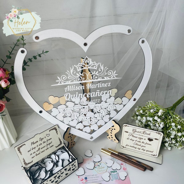 Acrylic Custom Sweet 16 Guest Book , Quinceanera acrylic Heart Guest book Alternative Drop Box, White Heart Shape Drop Box For Mis Quince XV