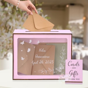 Gepersonaliseerde roze kaartendoos voor Quinceañera met sleuf voor kweepeer Feestreceptie Houten spaarpot voor kaarten Geschenkdoos quinceanera Feestdecoratie
