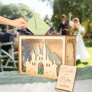 Boîte à cartes personnalisée en bois avec fente pour enveloppes, boîte à cartes de mariage personnalisée Boîte à mémoire personnalisée de mariage rose château pour cartes de voeux