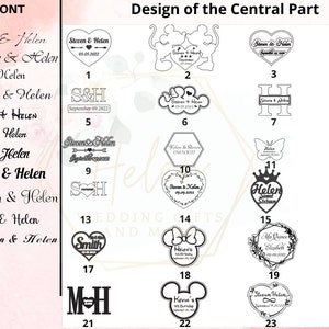 K&ouml;nnte beinhalten: Ein Diagramm mit 24 verschiedenen Designs f&uuml;r personalisierte Holzh Herzen, Kronen, Schmetterlinge und andere Formen. Jedes Design enth&auml;lt einen Namen, ein Datum und weitere Details. Die Designs sind von 1 bis 24 nummeriert.