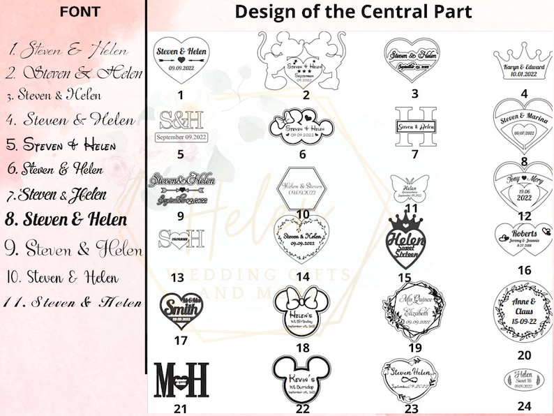K&ouml;nnte beinhalten: Ein Diagramm mit 24 verschiedenen Designs f&uuml;r personalisierte Holzh Herzen, Kronen, Schmetterlinge und andere Formen. Jedes Design enth&auml;lt einen Namen, ein Datum und weitere Details. Die Designs sind von 1 bis 24 nummeriert.