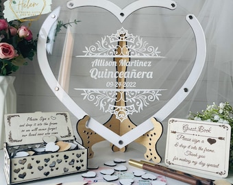 Acrylic Custom Sweet 16 Guest Book , Quinceanera acrylic Heart Guest book Alternative Drop Box, White Heart Shape Drop Box For Quinceañera