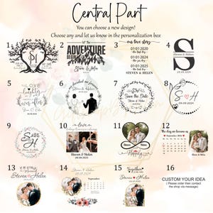 May include: A selection of wedding design options with text, including options with names, dates, and phrases like "Save the Date" and "The day we became us." The designs are in a variety of styles.