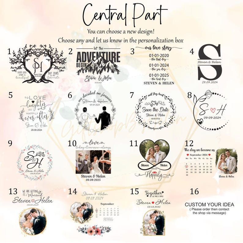 May include: A selection of wedding design options with text, including options with names, dates, and phrases like "Save the Date" and "The day we became us." The designs are in a variety of styles.
