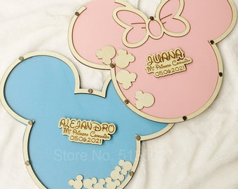 Custom Baby Shower Guest Book Alternative: Mouse Theme, Wooden Hearts