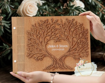 Libro de firmas de boda personalizado, árbol cortado con láser, libro de recuerdos rústico de madera