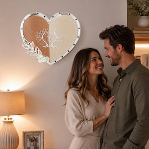 May include: A heart-shaped decorative piece with two sections of sand in brown and beige. A tree design is etched in the center. The piece is framed with a silver border and adorned with floral accents. The piece is hanging on a wall.