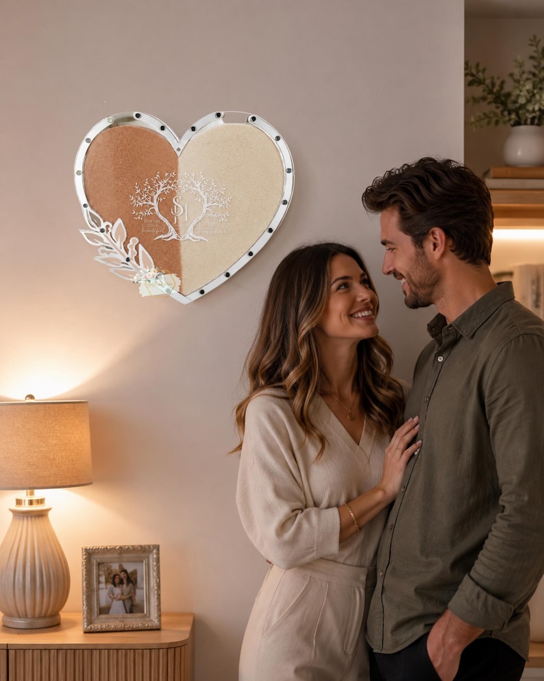 May include: A heart-shaped decorative piece with two sections of sand in brown and beige. A tree design is etched in the center. The piece is framed with a silver border and adorned with floral accents. The piece is hanging on a wall.
