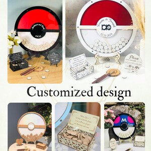 Puede incluir: Una colecci&oacute;n de alternativas personalizadas para libros de visitas de boda. Los dise&ntilde;os incluyen un marco circular rojo y blanco con espacio para que los invitados firmen corazones de madera. Tambi&eacute;n se incluyen peque&ntilde;as cajas y letreros de madera.