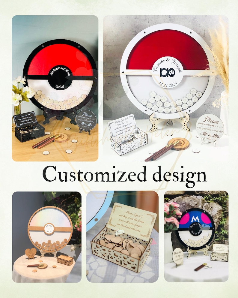 Puede incluir: Una colecci&oacute;n de alternativas personalizadas para libros de visitas de boda. Los dise&ntilde;os incluyen un marco circular rojo y blanco con espacio para que los invitados firmen corazones de madera. Tambi&eacute;n se incluyen peque&ntilde;as cajas y letreros de madera.
