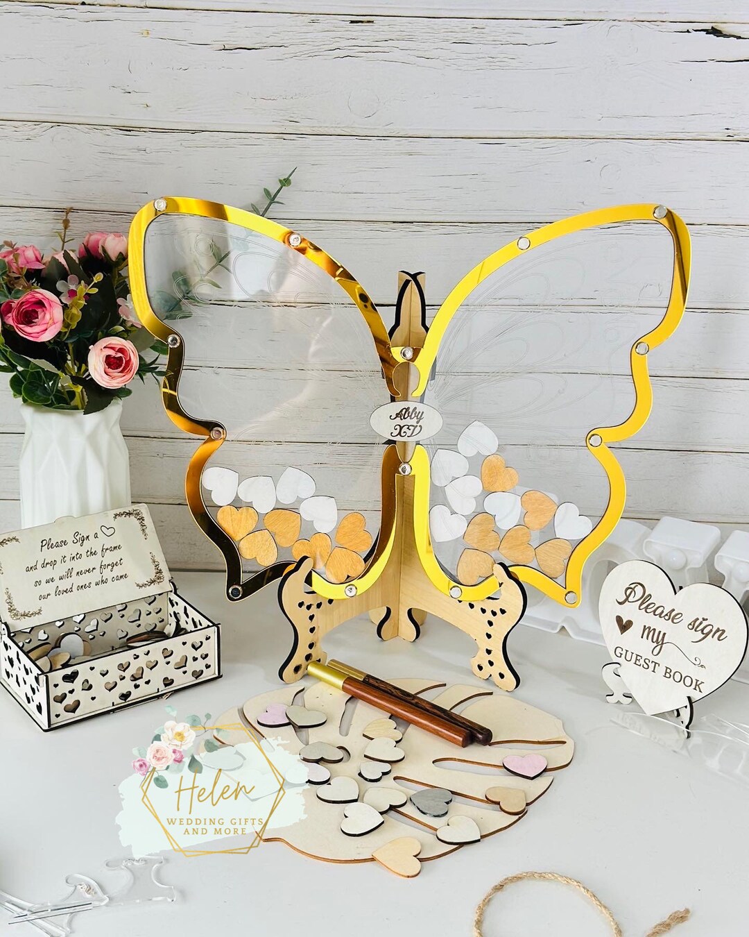 Gold Butterfly Sweet 16 Guest Book, Mis Quince Guest Book, Quinceanera Acrylic Butterfly Guest