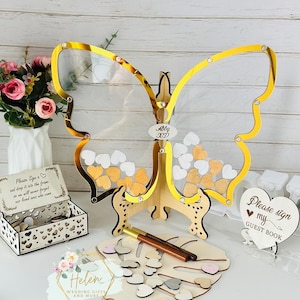 Gold Butterfly Sweet 16 guest book, Mis quince guest book, Quinceanera acrylic butterfly guest book, Butterfly guest book gold party theme