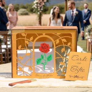 Caja para tarjetas de boda de la Bella y la Bestia, personalizada con rosas y bestias, para tarjetas, caja de recuerdos de boda de cuento de hadas, regalo de boda de madera