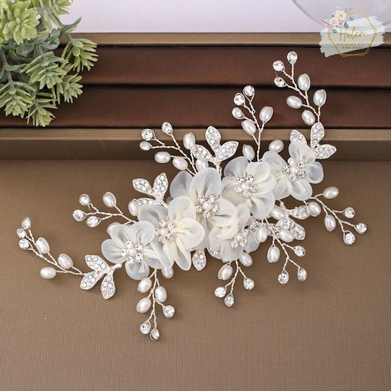 Women bridal white flower rhinestone pearl hair clip wedding hair accessories OC 