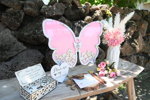 Libro Degli Ospiti Alternativo A Farfalla In Legno Per Matrimonio, Compleanno E Baby Shower Con 98 Tesserine - 5