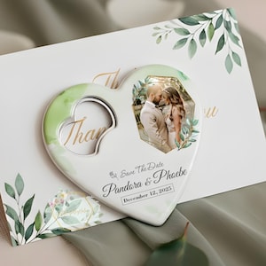 Romantic Wedding Photo Bottle Opener Keepsake, Customizable Heart Magnet for Guests, Couple&#39;s Special Day Souvenir