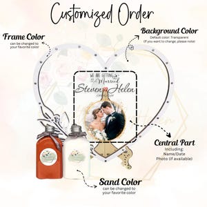May include: A personalised wedding gift. It features a heart-shaped frame with a photo of a couple, the names "Steven & Helen", and the date "CRAFO24". Includes two bottles and the text "Customized Order".