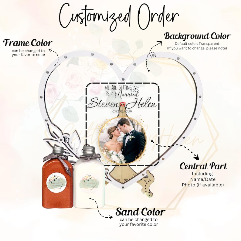 May include: A personalised wedding gift. It features a heart-shaped frame with a photo of a couple, the names "Steven & Helen", and the date "CRAFO24". Includes two bottles and the text "Customized Order".