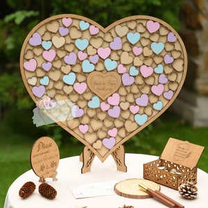 Alternative Wedding Guest Books, Pastel Color Personalized Wood Heart Guestbook Puzzle, Custom Heart Shaped Guest Book Wood Puzzle